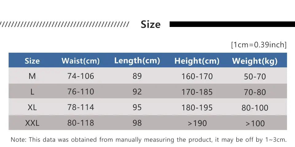 Miyake pleated men's cargo pants size chart by Simples Market showing waist, length, height and weight for sizes M-XXL