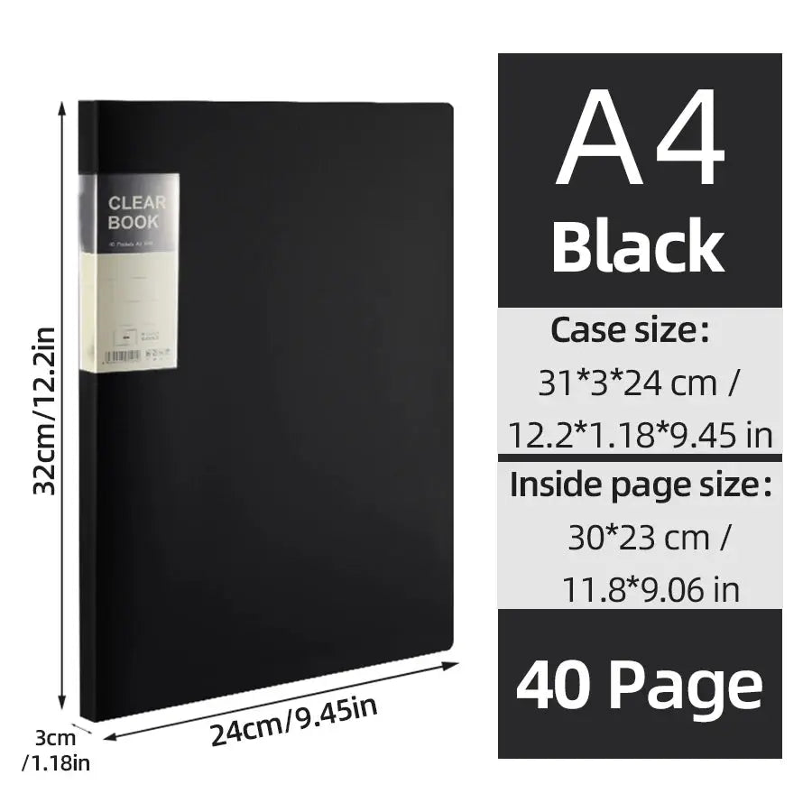 A4 black side-loading document folder with dividers, 40-page capacity