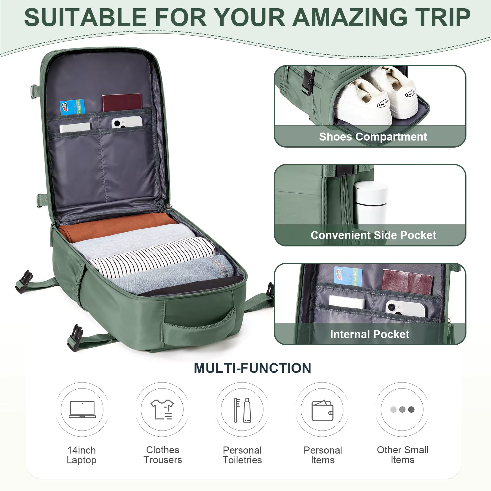 Ryanair Cabin Backpack 40x20x25 Travel Laptop Backpack for Men and Women with 180 Degree Opening