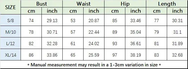 Simples Market Women's Zipper Short-Sleeve Yoga Jumpsuit size chart with bust/waist/hip/length in cm and inches (S-XL)