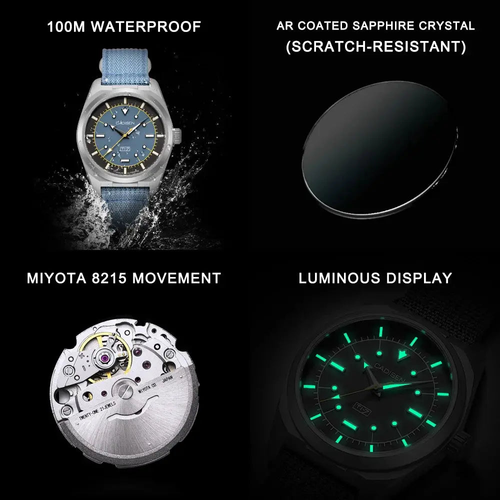 CADISEN TI-7 Autodyne titanium watch; 4-panel, blue canvas strap, MIYOTA 8215, luminous dial, AR sapphire, 100m waterproof
