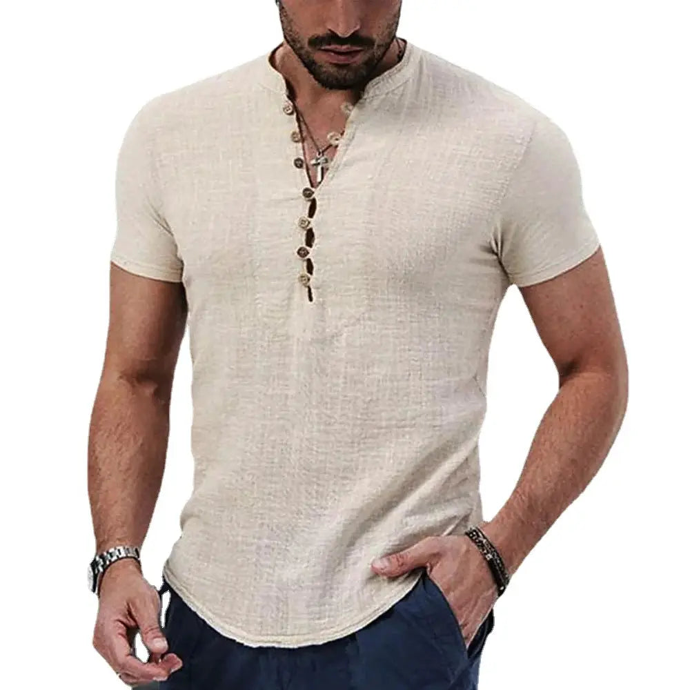 Men's cream cotton-linen short-sleeve Henley shirt by Simples Market