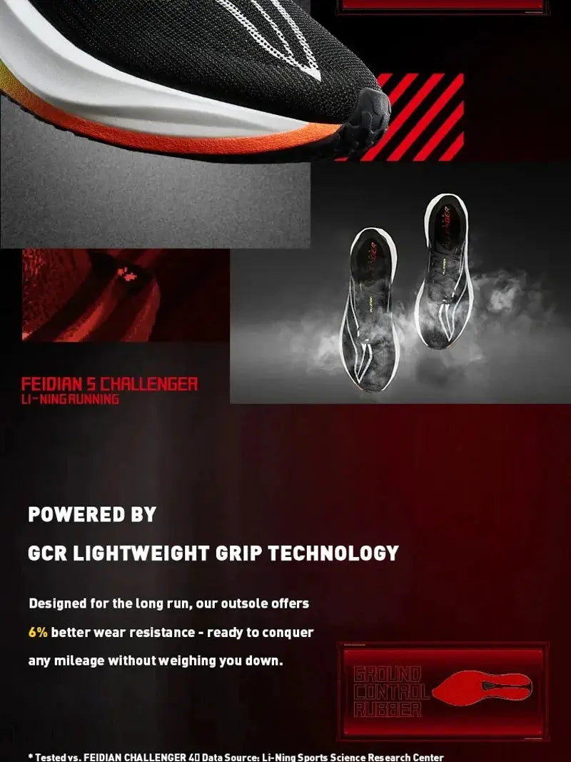 Li-Ning FEIDIAN 5 Challenger racing shoes; black knit upper with orange trim, pair shown