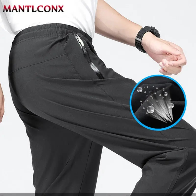 Breathable men's jogger sweatpants with elastic waist, zip pocket, black quick-dry fabric; MANTLCONX logo visible