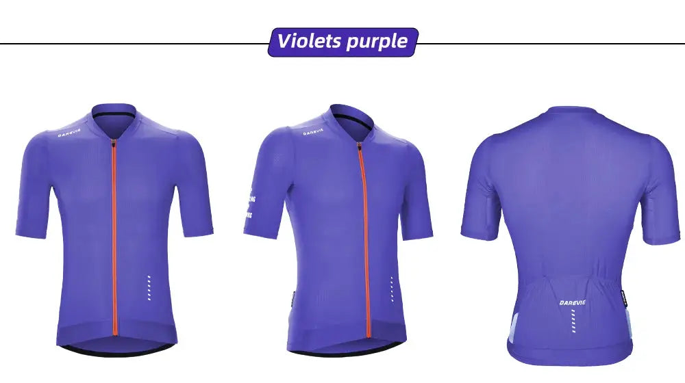 DAREVIE violet cycling jersey, short-sleeve breathable quick-dry top; shown in front, side, and back views.