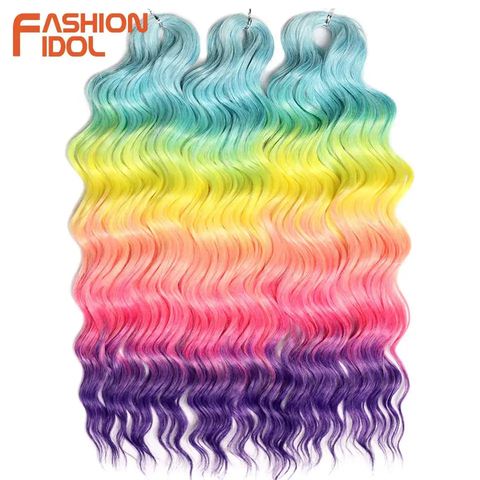 Anna Hair synthetic loose deep wave braiding extensions, 24in, ombre rainbow teal to purple, 3 bundles, Fashion Idol