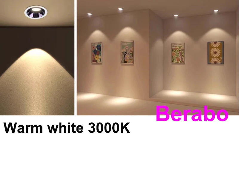 Simples Market recessed LED downlight, warm white 3000K COB, dimmable anti-glare; Berabo watermark, several units.