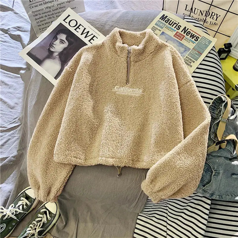 VelvetAura Women Stand Neck Fleece Cropped Hoodie With Letter Embroidery For Elegant Velvet Plush Warmth