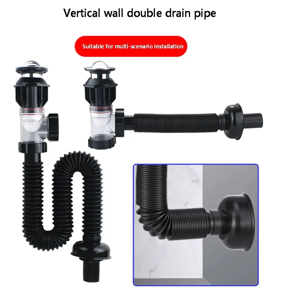 Universal flip washbasin drain pipe set with flexible corrugated hose for wall installation