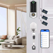 Keyless entry door lock with handle in satin nickel by Simples Market, featuring fingerprint keypad