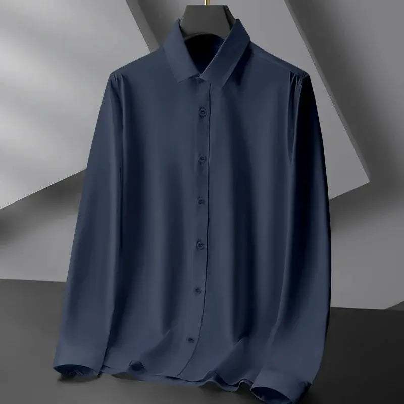 Men's navy blue long-sleeve button-front dress shirt