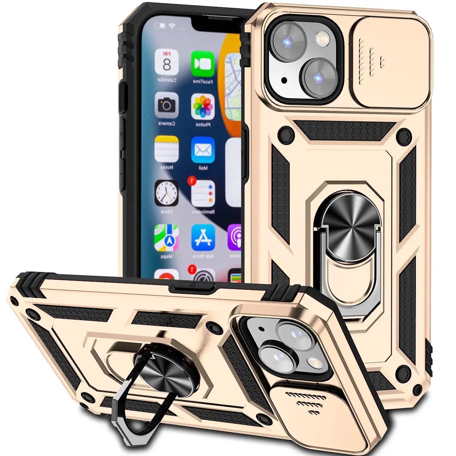 Armor shockproof magnetic ring stand case in gold for iPhone 12–15 series by Simples Market with kickstand