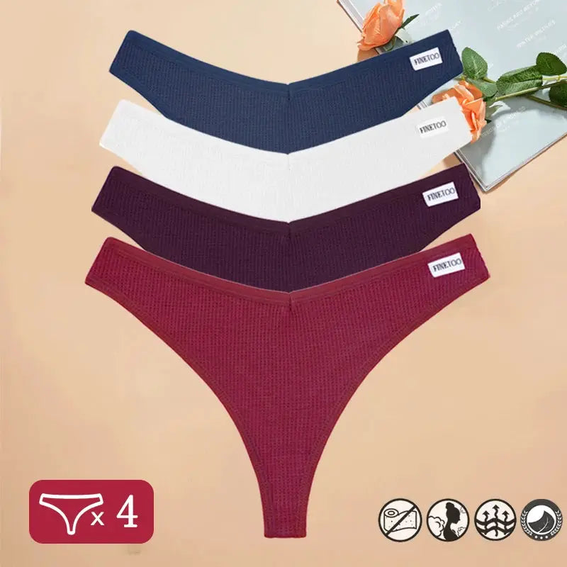 4-piece waffle cotton women's thong underwear set with V-waist in navy, white, burgundy and red by Simples Market