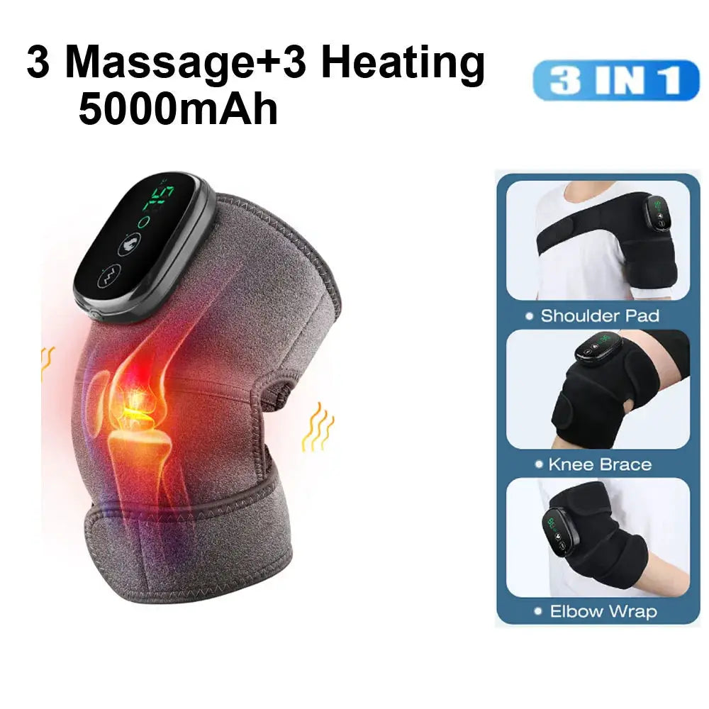 Simples Market knee massager with heating and vibration; gray neoprene wrap with handheld controller, 3-in-1 design