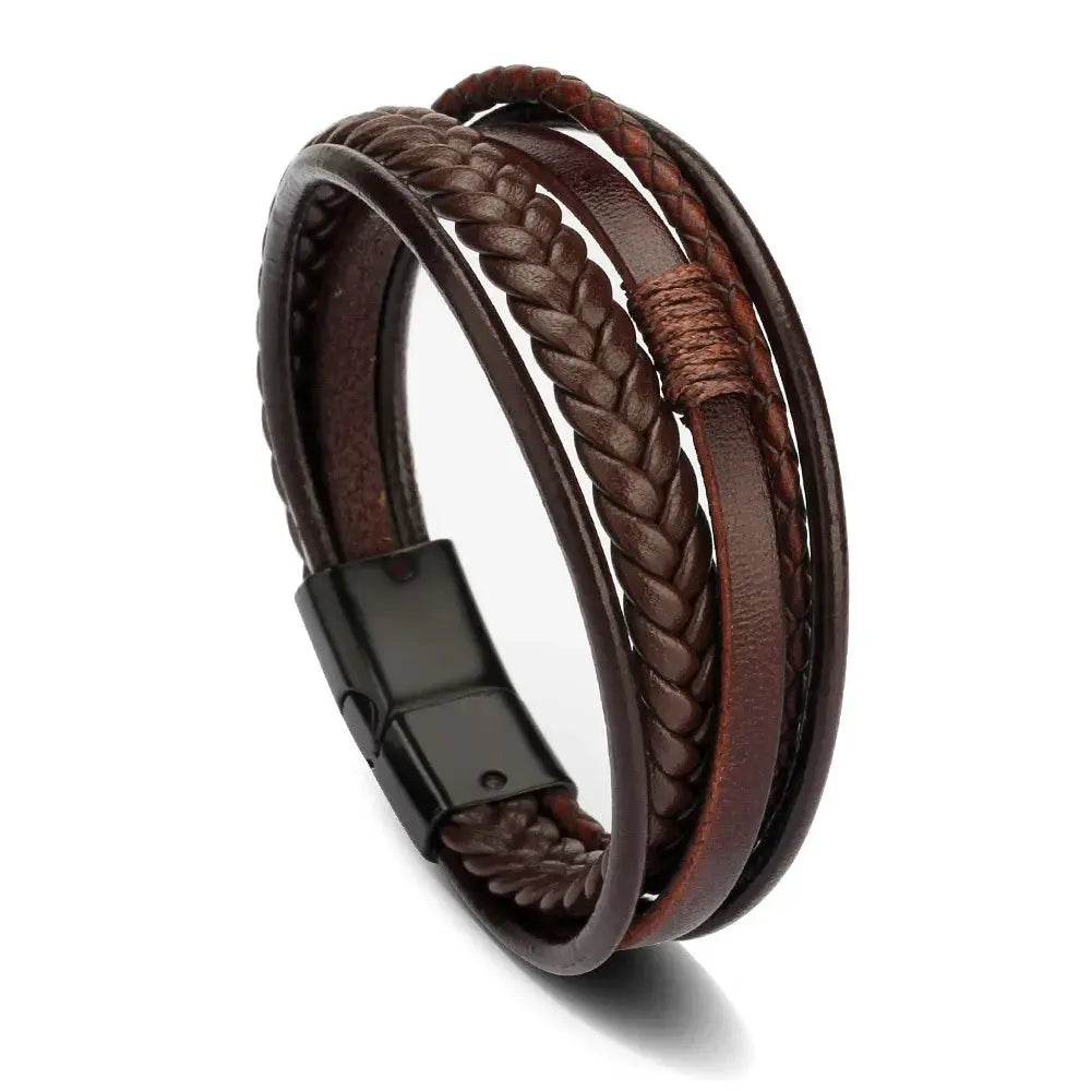 Vintage Multilayer Braided Leather Bracelet For Men Stainless Steel Rope Design Jewelry Gift