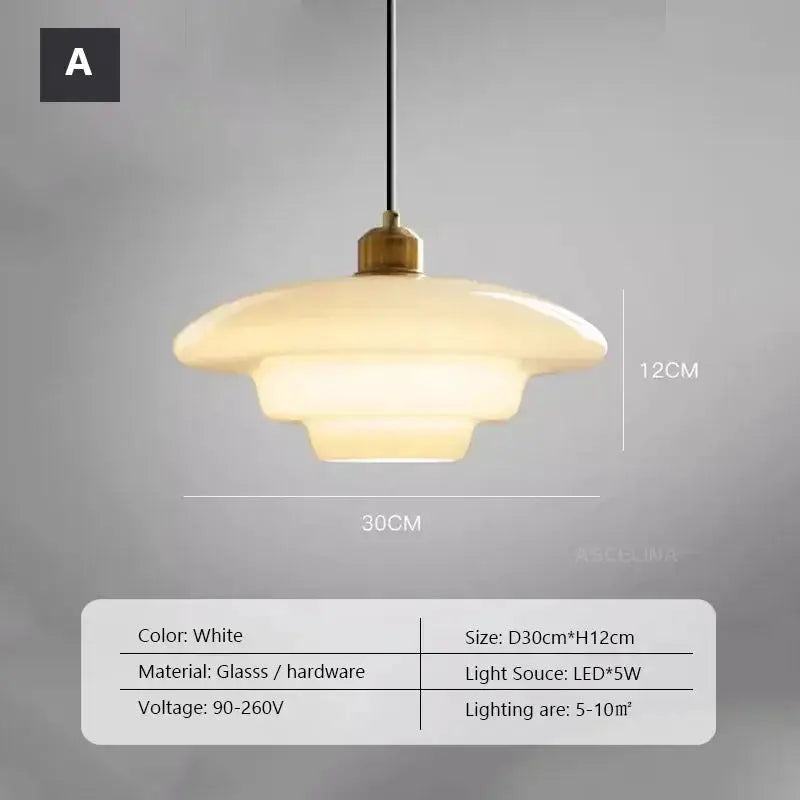 Simples Market Nordic white glass pendant lamp with brass hardware, 30cm wide and 12cm high, LED 5W
