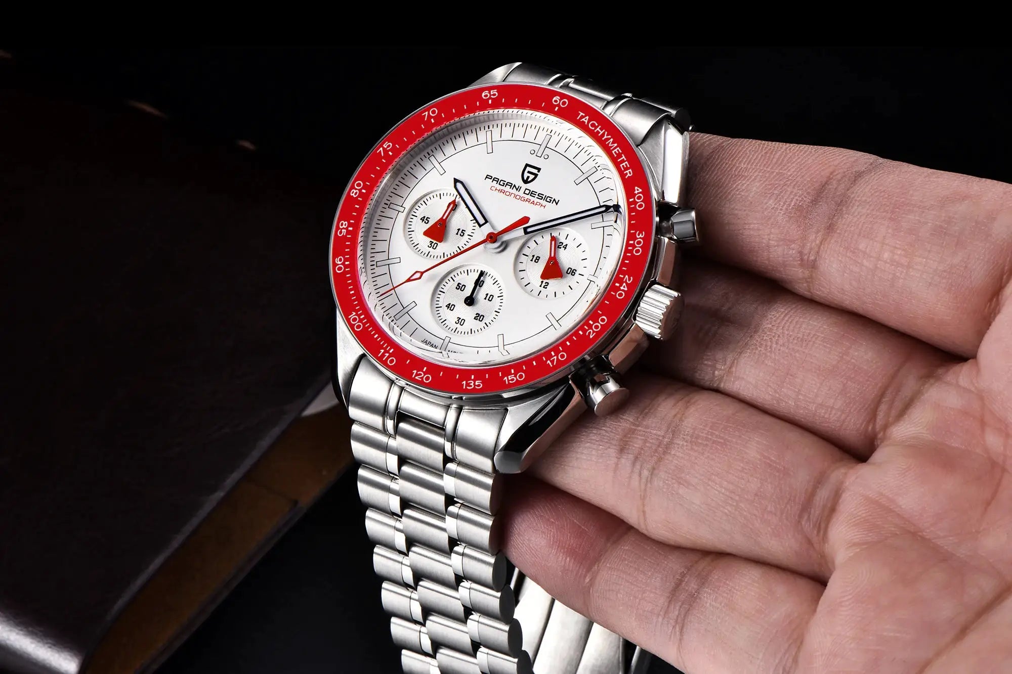 Pagani Design men's stainless steel chronograph watch with white dial and red tachymeter bezel