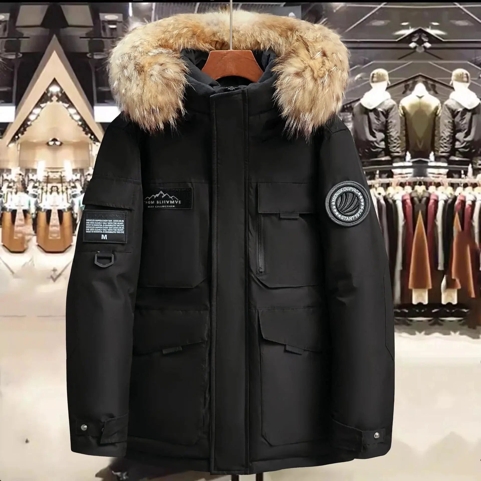 Men's black hooded parka with fur-trimmed collar, duck-down insulation, water-resistant fabric, patch pockets
