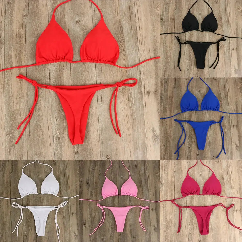 Simples Market women's tie bikini set in six color options; adjustable side-tie thong, bandage-style Brazilian swimwear.