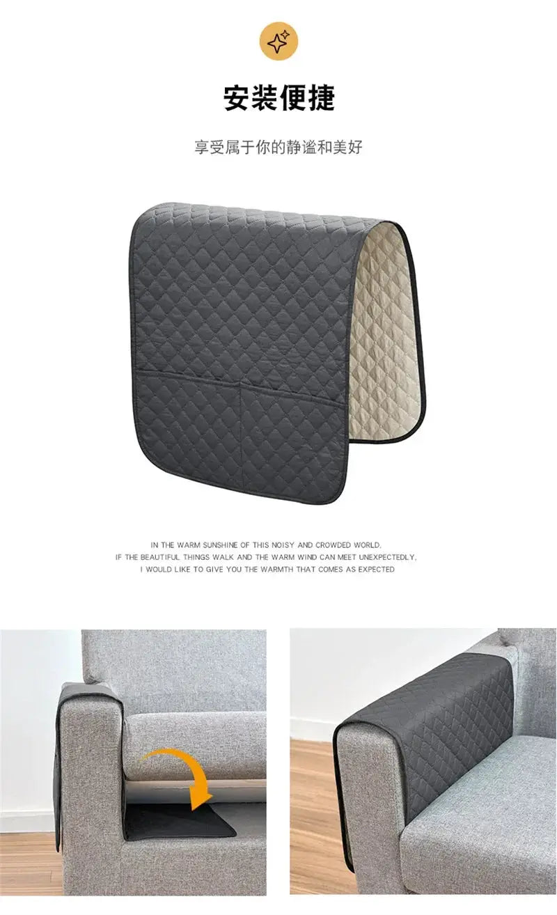 Sofa armrest cover with pockets, grey quilted fabric with beige underside, water-repellent by Simples Market