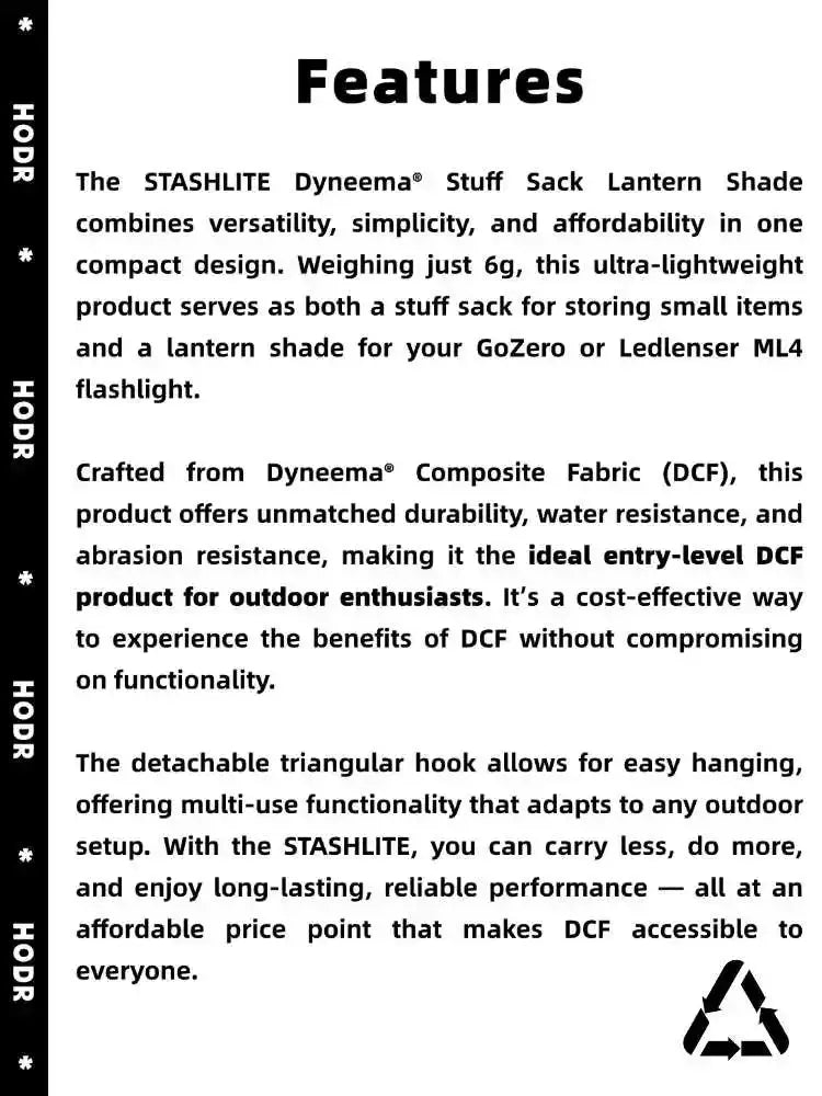 HODR STASHLITE Dyneema DCF stuff sack lantern diffuser features page with text and recycling icon