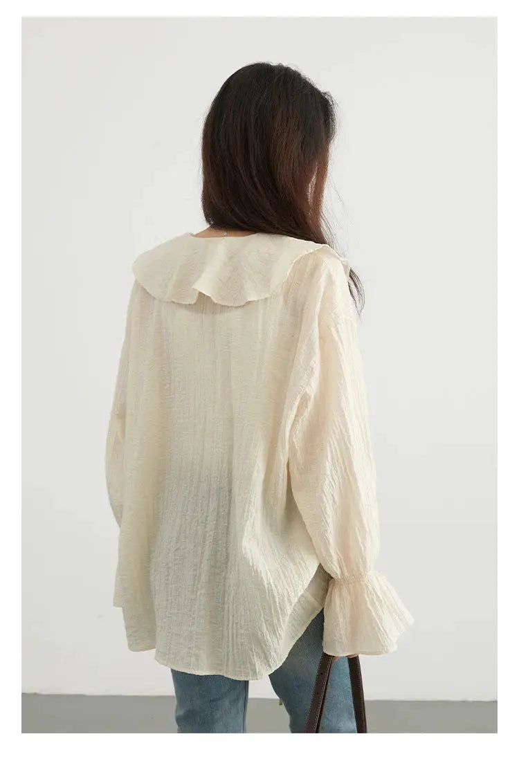 CHIC VEN women's loose ivory blouse with a ruffled collar and textured fabric, back view, Simples Market