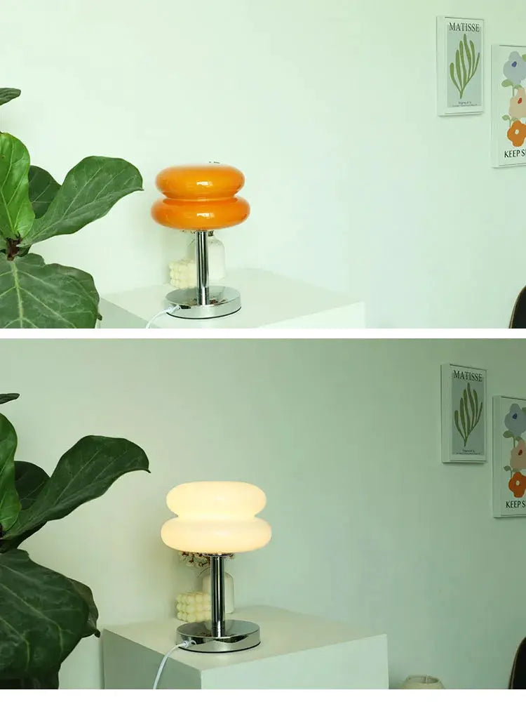 Macaron glass table lamp by Simples Market; trichromatic dimming in orange/white on a chrome base
