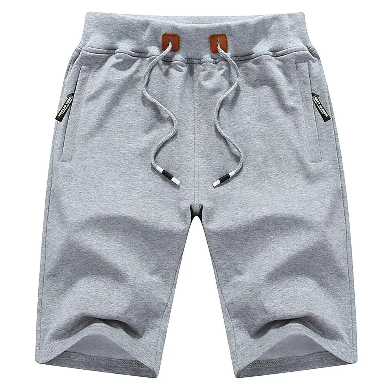 Men's grey cotton jogger shorts with drawstring and zip pockets for casual streetwear.