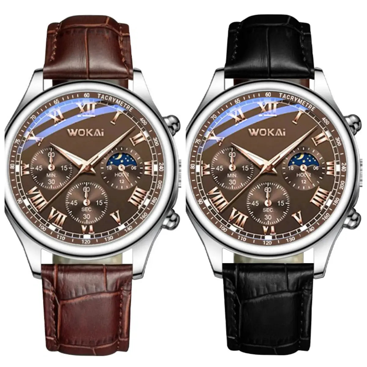 NovaLux Moon Phase Chronograph Leather Mens Watch With Luminous Hands And Complete Calendar