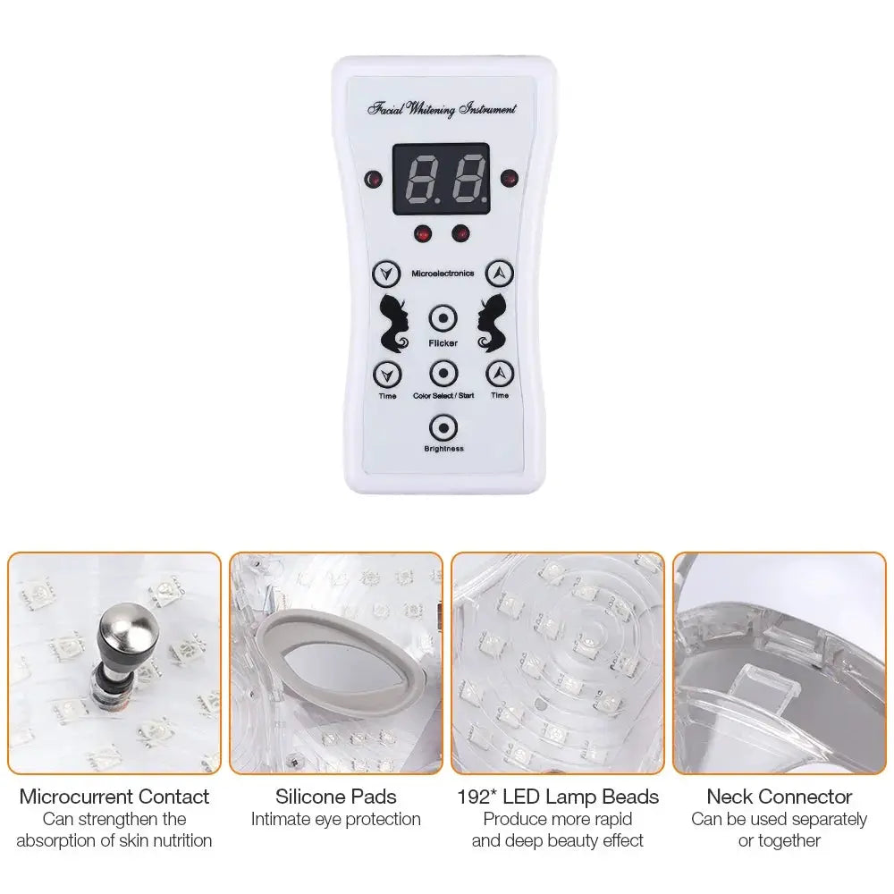 White Simples Market LED face and neck beauty device with a display, control buttons, and 7-color LED light modes
