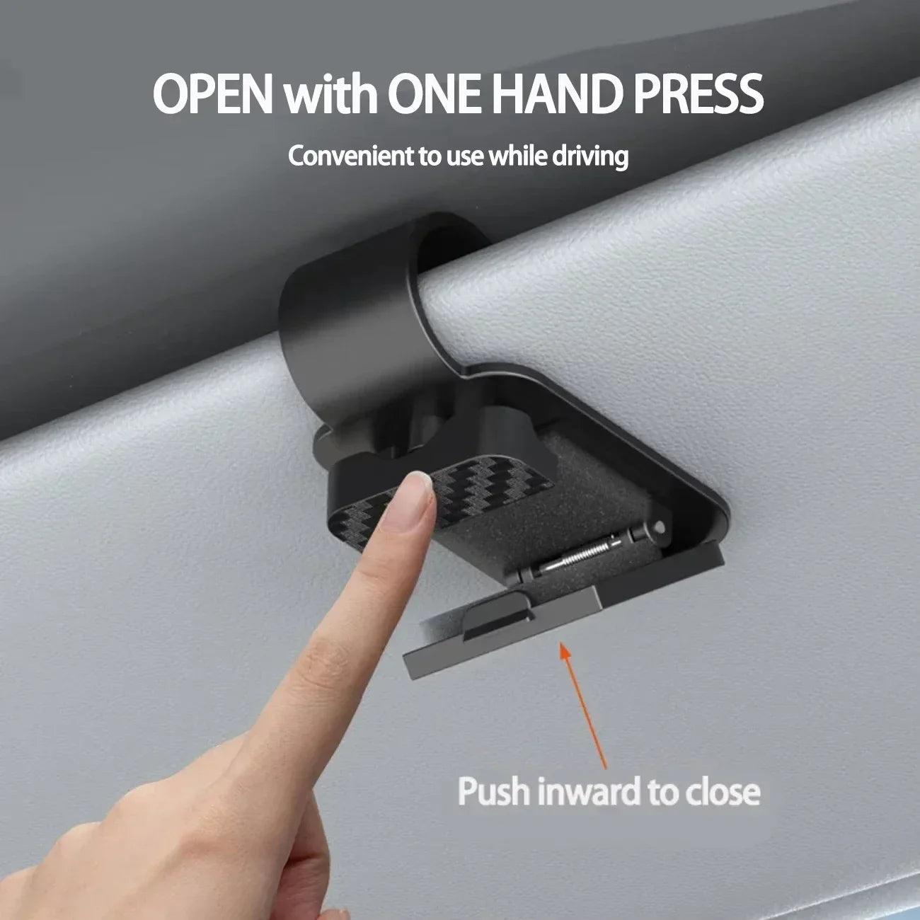 Car sun visor clip with built-in glasses holder and card storage, black plastic