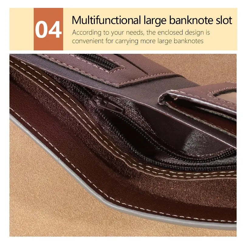 Men's brown leather wallet with multiple card slots and a zip coin pocket
