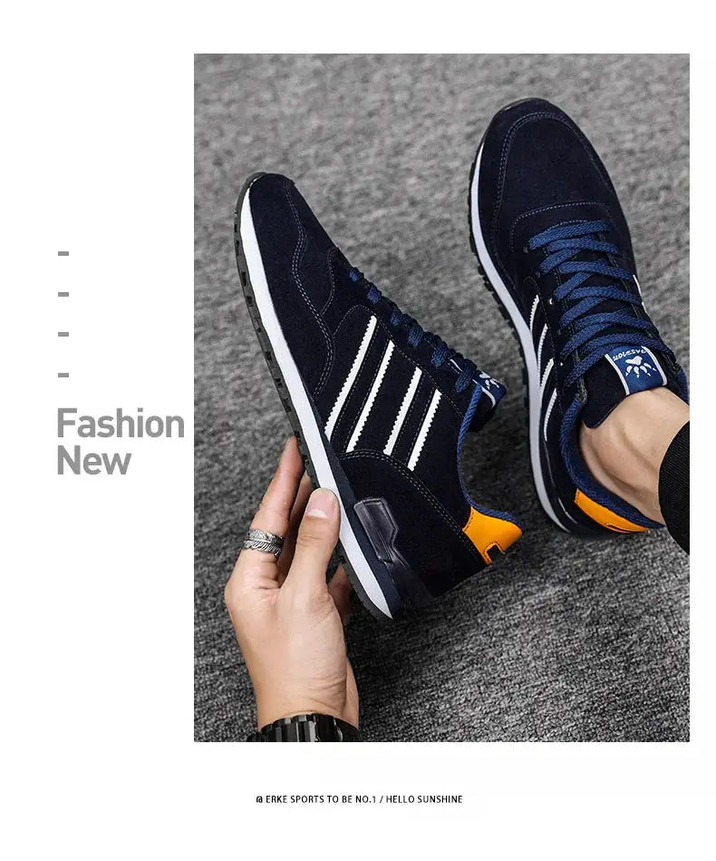 Simples Market artificial leather men's casual sneakers, navy blue with white stripes, blue laces, orange heel.