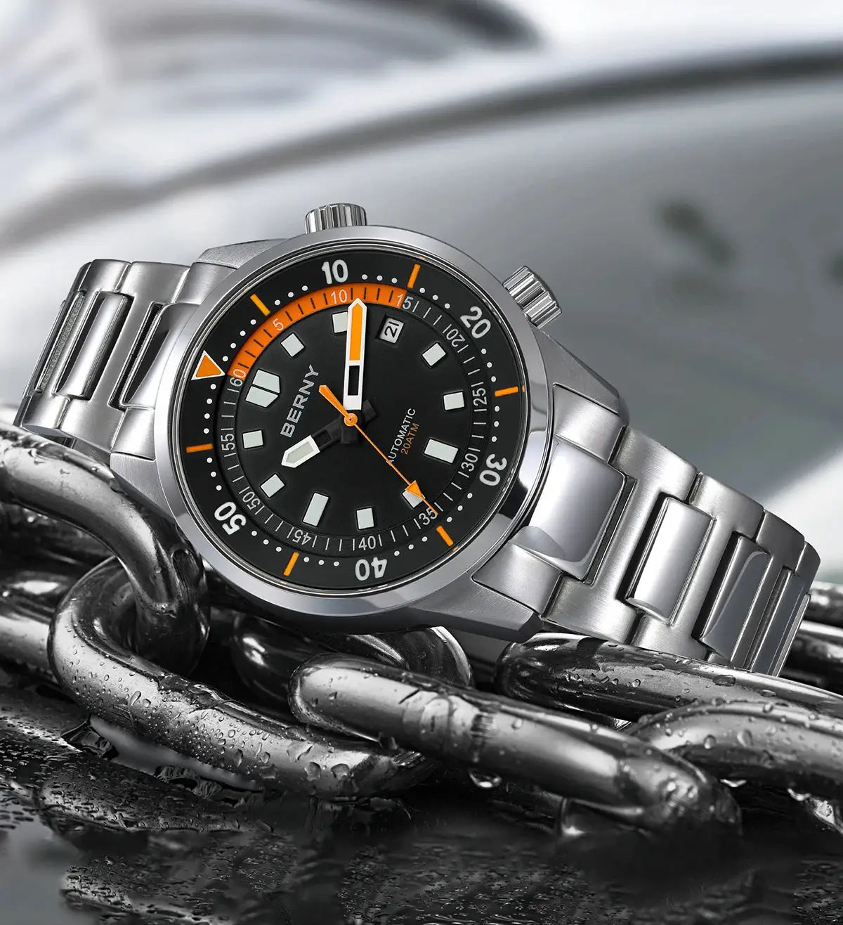 BERNY men's dive watch, 200m water resistant, automatic, black dial with orange accents, stainless steel bracelet