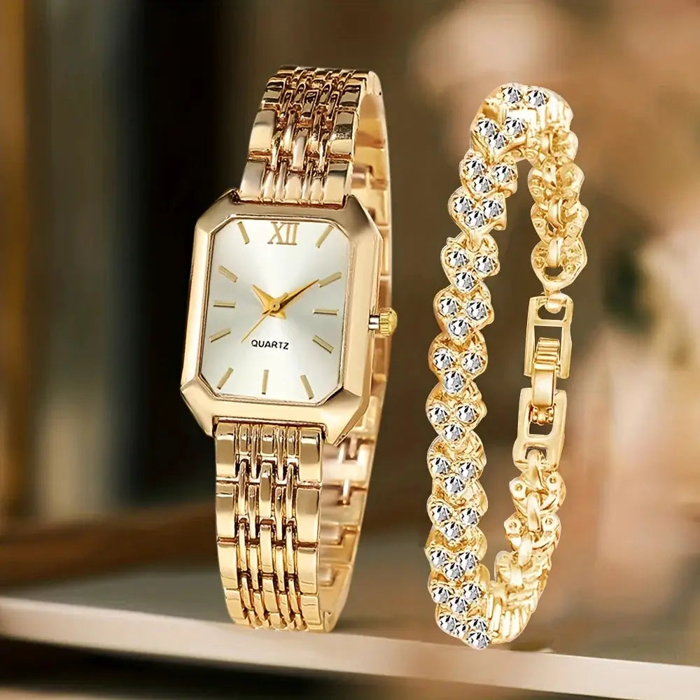 Simples Market 2-piece gold-tone rectangle women's quartz watch with rhinestone bracelet set