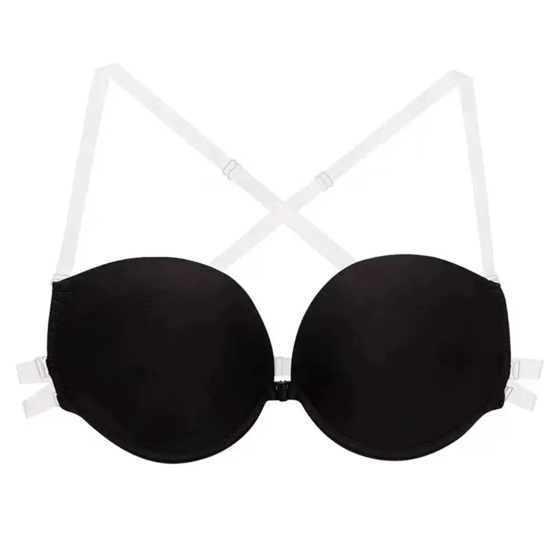 Backless push-up bra by Simples Market; black cups with white transparent cross-back straps