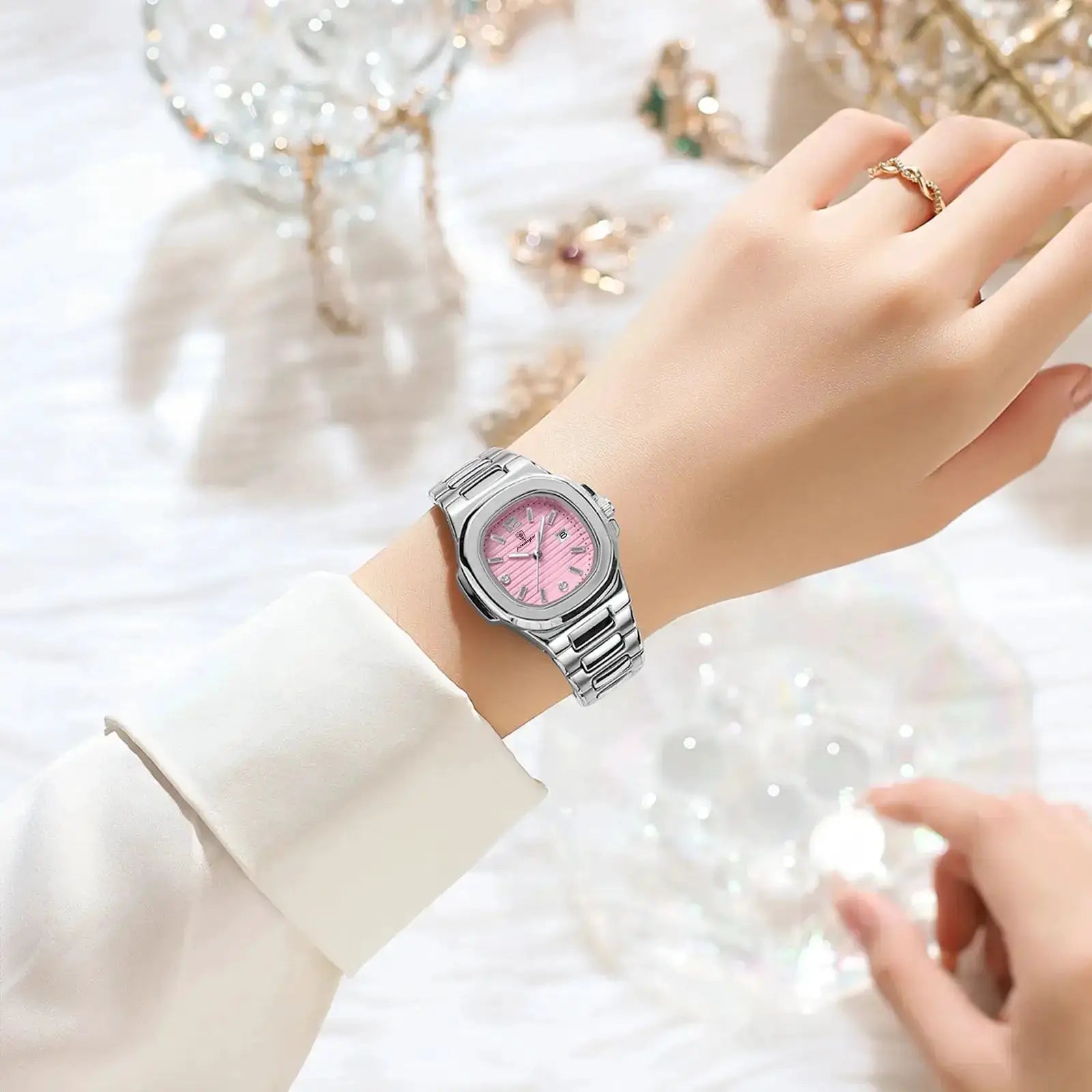 POEDAGAR square fashion women's wristwatch with pink dial, date display, and stainless steel band