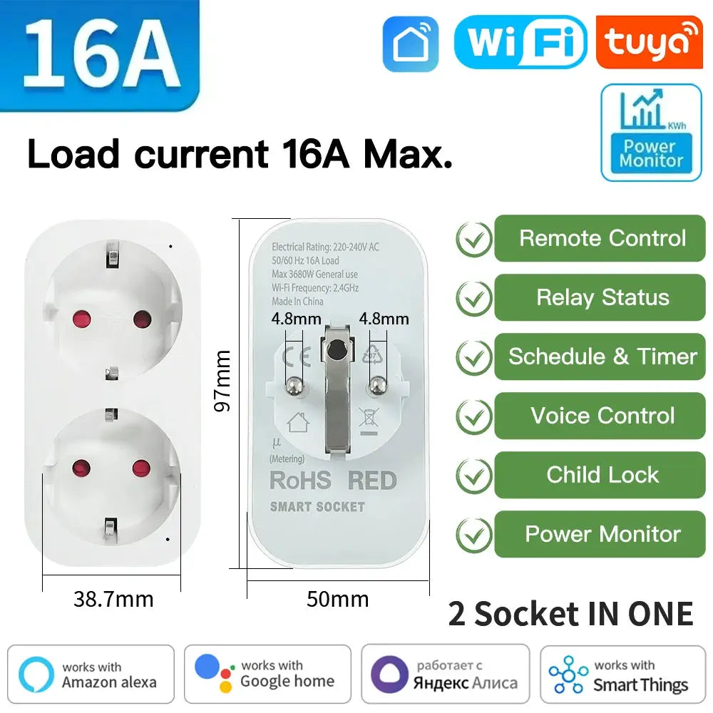 Simples Market TNCE TUYA EU two-socket smart plug, WiFi/Zigbee3.0, power monitor, remote and voice control