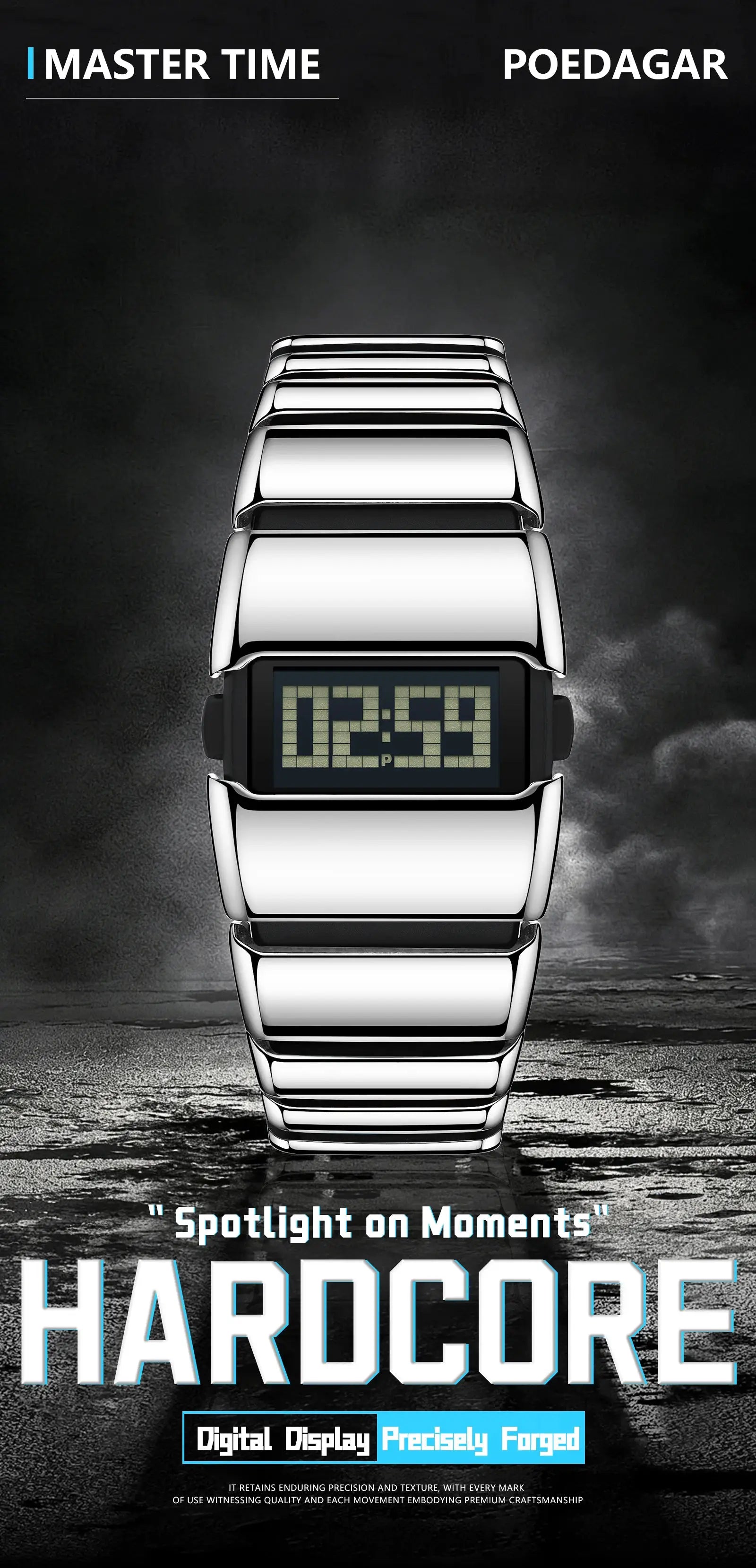 POEDAGAR LED digital men's watch with stainless steel bracelet; waterproof sport timepiece