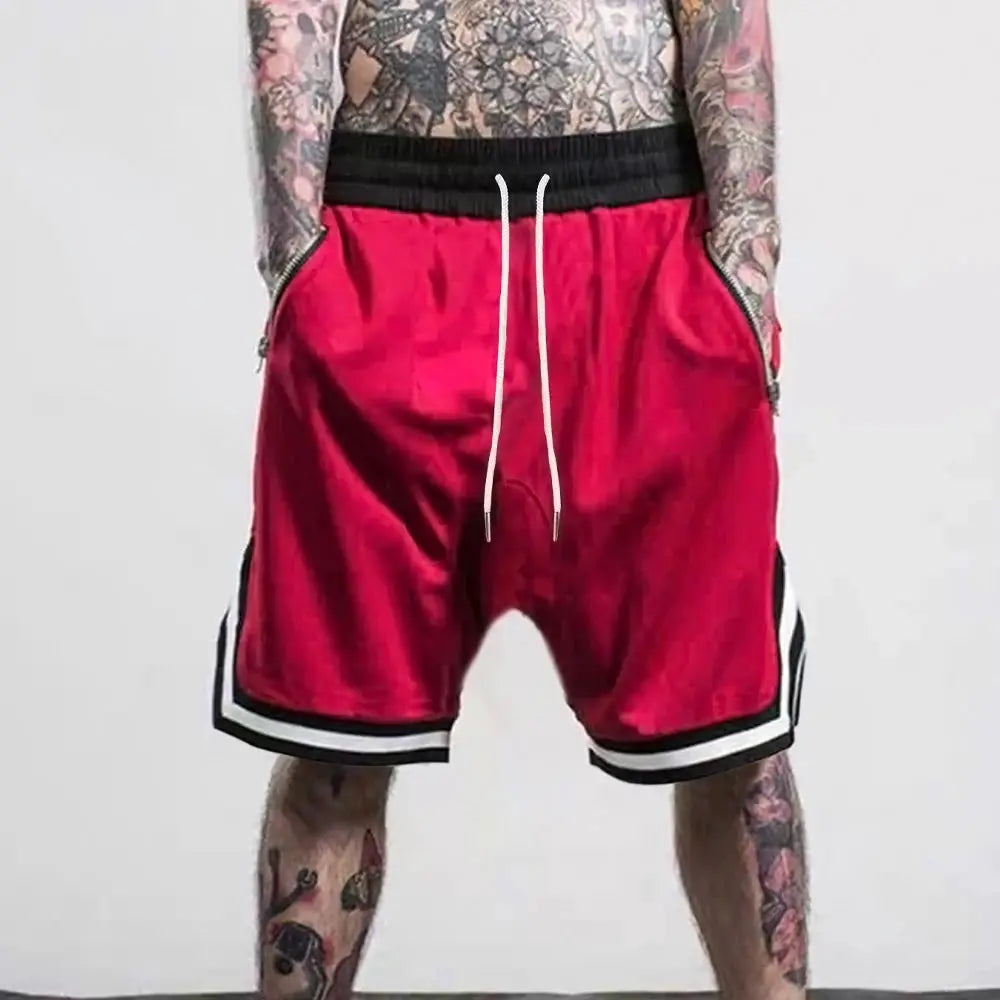 Men's red mesh quick-dry basketball shorts with black waistband, white drawstrings, white-trim hem.