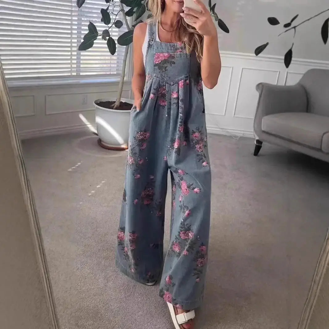 Denim floral print sleeveless jumpsuit with pleated front pockets and wide legs, Simples Market