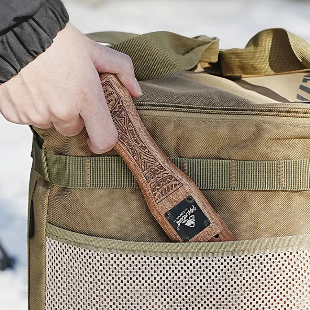 Simples Market outdoor grill pan handle; solid wood grip with engraved pattern, insulated design