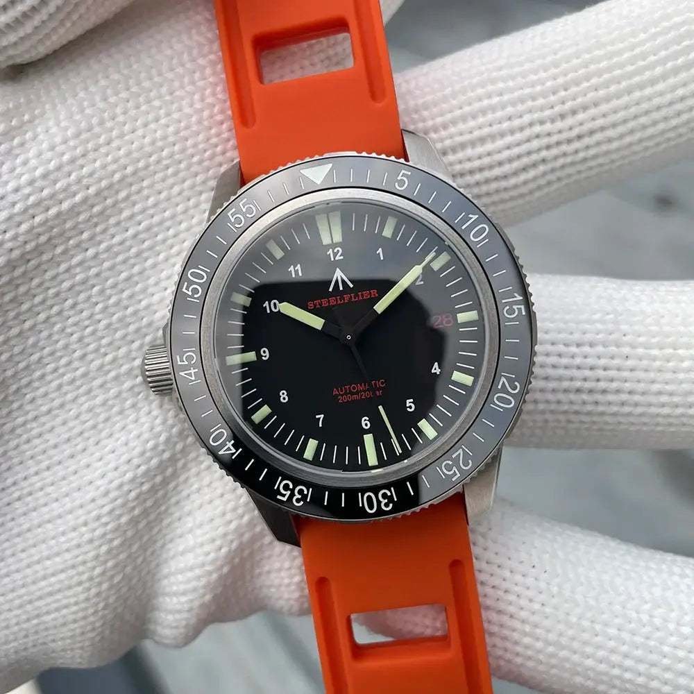 STEELFLIER SF783 NH35 automatic dive watch with black dial and orange silicone strap, ceramic bezel, 20bar
