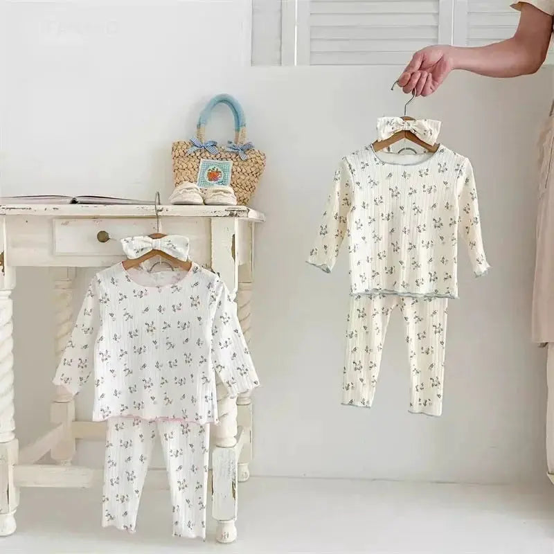 LittleLuxe Baby Floral Cotton Pajama Set With Lace Trim Long Sleeve Two Piece Sleepwear For Autumn
