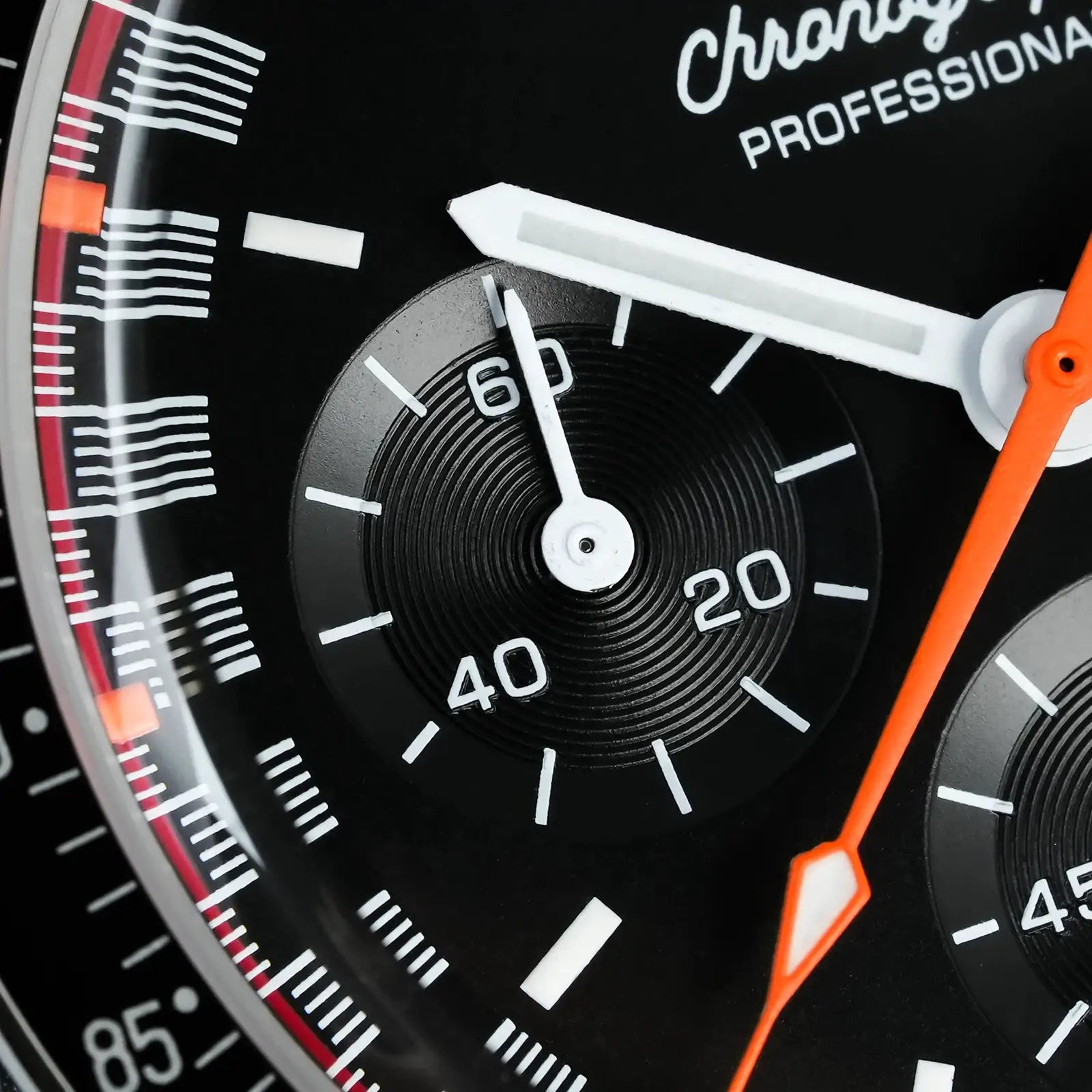 Watchdives WD1863 quartz men's chronograph watch with orange hands, black dial, white markers, steel case