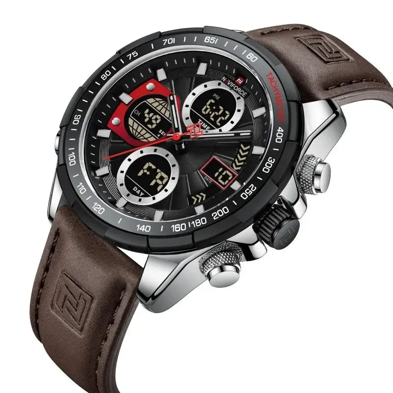 NAVIFORCE men's sport watch with brown leather strap, black dial, stainless steel case, dual display