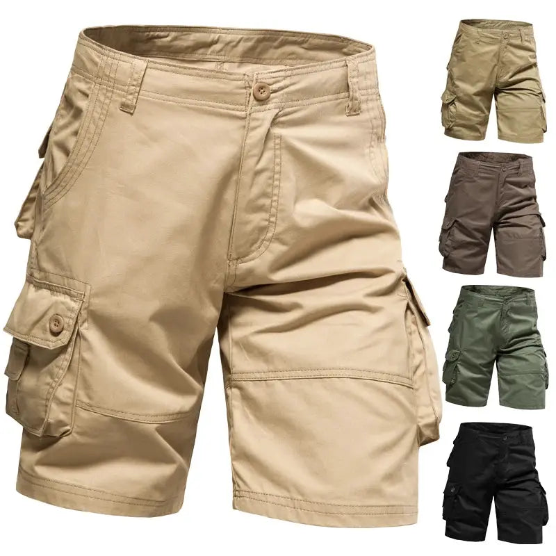 Men's cargo shorts in beige cotton, loose fit with multiple pockets; also shown in brown, green, and black.