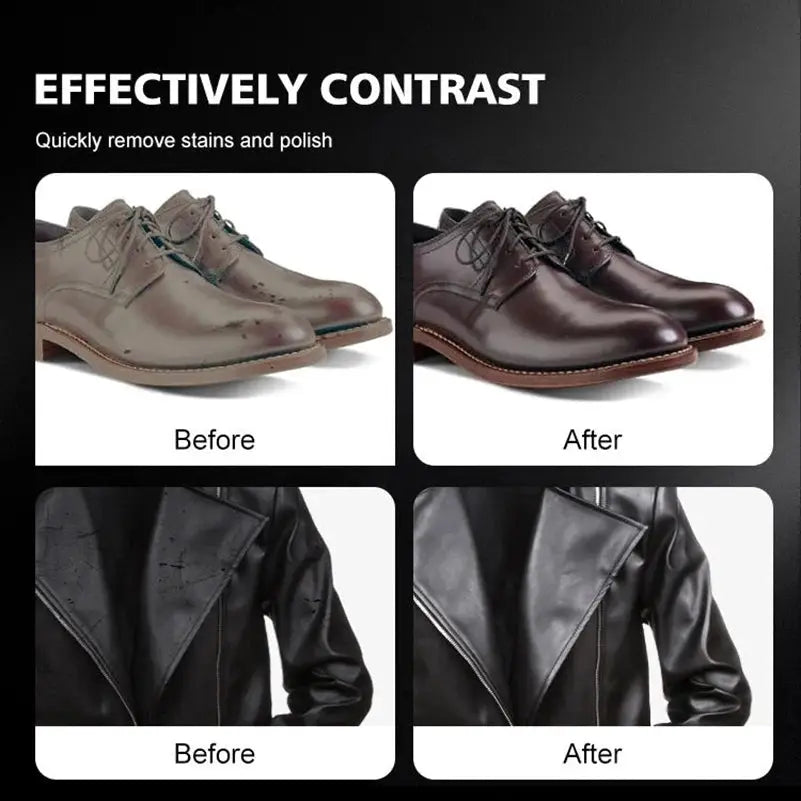 Simples Market Shoe Shine Sponge for leather; before/after cleaning of two brown dress shoes and a black leather jacket