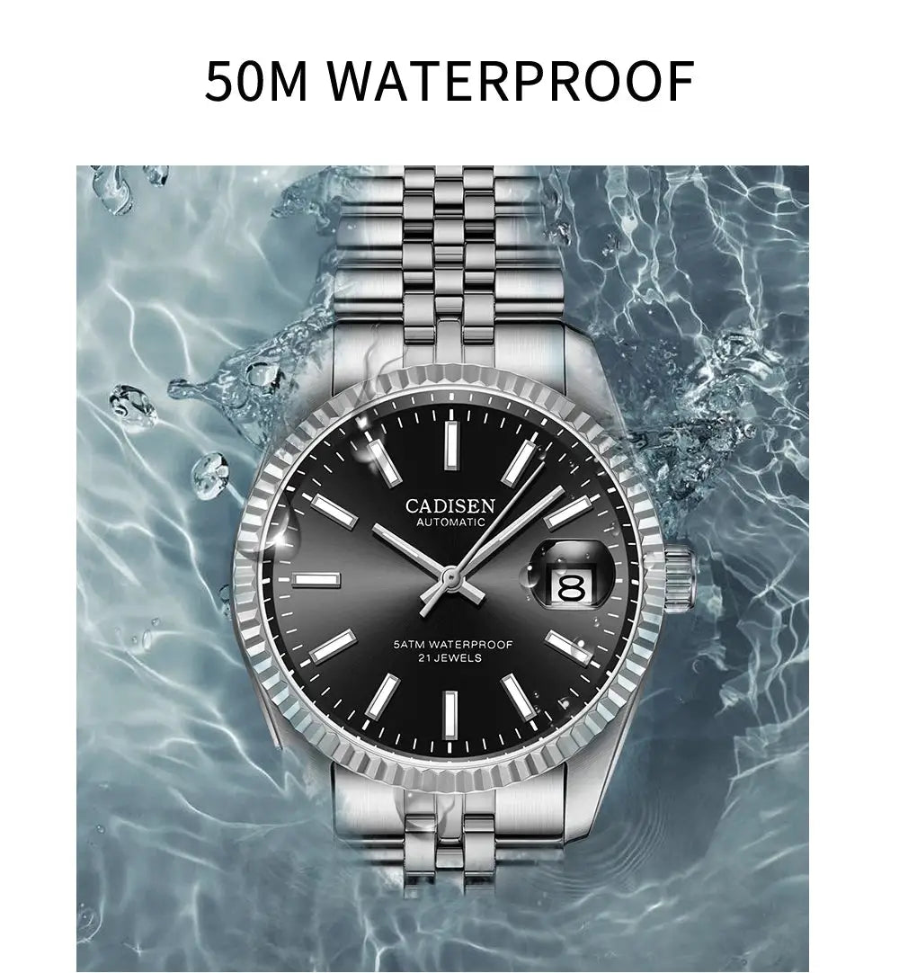 CADISEN men's stainless steel automatic watch with black dial, date window, and 50m water resistance