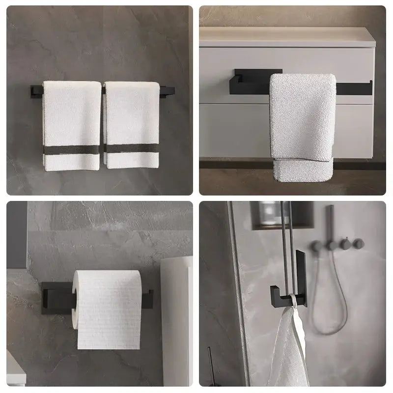 Black self-sticking bathroom hardware set with robe hook, towel rail, towel bar, and paper holder (4-piece)